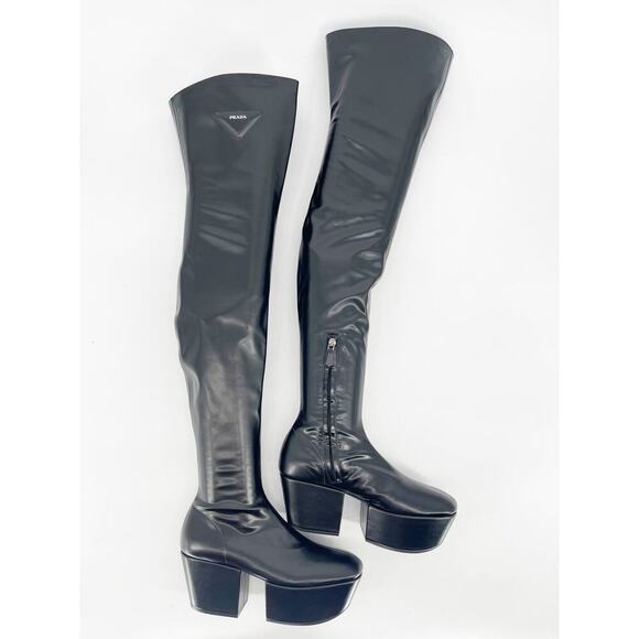 Prada Black Stretch Leather Padded Logo Over the Knee 70mm Platform Boot IT 37 - Picture 6 of 16